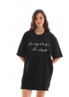 Bisiklet Yaka Baskılı Oversize T-Shirt - Siyah