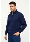 Dik Yaka Sweatshirt Dik Yaka Yarım Fermuarlı 3 İplik Şardonlu Pamuk Kumaş - Lacivert