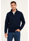 Dik Yaka Sweatshirt Dik Yaka Yarım Fermuarlı 3 İplik Şardonlu Pamuk Kumaş - Lacivert