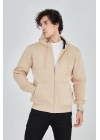 Kapüşonlu Düz Fermuarlı Hırka - Bej