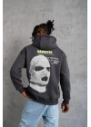 Kordonlu Maske Baskılı Kapşonlu Sweat - Gri