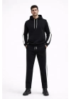Şeritli Eşofman Takım Kapüşonlu Sweatshirt Boru Paça Alt, Oversize 3 iplik Pamuklu - Siyah
