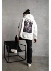 Sırt Baskılı Kapüşonlu Üç İplik Oversize Sweatshirt - Beyaz