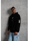 Sırt Baskılı Kapüşonlu Üç İplik Oversize Sweatshirt - Siyah