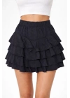 Siyah Katlı Mini Fırfıtlı Etek Lastikli Yüksel Bel, Volanlı Tasarım, Rahat Kalıp, Günlük ve Şık Kombinelere Uygun Yazlık Etek - Siyah