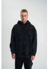 Uzun Kol Kapşonlu Yıkamalı Nakışlı SweatShirt - Siyah