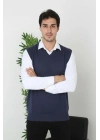 V Yaka Kolsuz Süveter Triko Kazak yumuşak dokulu Pamuklu ince Dokuma Rahat Regular kalıp - Lacivert