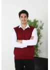 V Yaka Kolsuz Süveter Triko Kazak yumuşak dokulu Pamuklu ince Dokuma Rahat Regular kalıp - Bordo