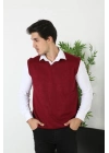 V Yaka Kolsuz Süveter Triko Kazak yumuşak dokulu Pamuklu ince Dokuma Rahat Regular kalıp - Bordo