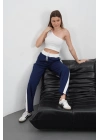 Şeritli garnili pantolon lacivert