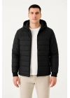 Şişme Kapüşonlu Fermuarlı Mont Su itici Kapitone Astarlı Kumaş Cepli Kışlık Rahat Kalıp - Siyah