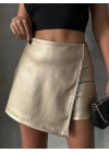 Taşlı şort etek deri gold h240018
