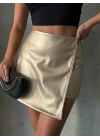 Taşlı şort etek deri gold h240018