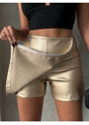 Taşlı şort etek deri gold h240018
