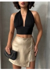 Taşlı şort etek deri gold h240018