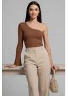 Tek Omuzlu Basic Bluz kahve T4275