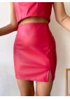 Tek yırtmaçlı arkadan fermuarlı deri etek fuşya s24475