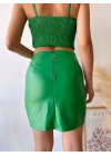 Tek yırtmaçlı arkadan fermuarlı deri etek yeşil s24475