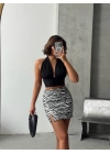 Tek yırtmaçlı zebra desenli deri etek beyazsiyah w24475-S