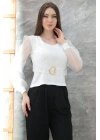 Tokalı tül kollu bluz beyaz t4071
