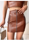 Üç fermuarlı deri etek kahve s24510
