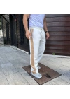 Üç İplik Kışlık Pamuklu Yandan Garneli Kalın Bej Şeritli Cepli Eşofman Altı - Beyaz