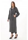Uzun Kaşe Kaban – Yünlü Dokuma Kaşmir Kumaş, Kruvaze Yaka, Kuşaklı Astarlı Tesettür Uyumlu Şık Kışlık Siyah Model - Füme