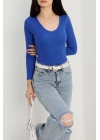 V yaka kaşkorse bluz saks mavisi a3699
