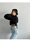 Yanı kemer detaylı crop gömlek siyah s4009
