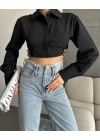 Yanı kemer detaylı crop gömlek siyah s4009