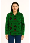 Yarım Fermuarlı Desenli Polar Sweat Tribal Etnik Desen Yakalı, Uzun Kollu, Oversize Rahat Kalıp - Yeşil -