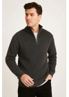 Yarım Fermuarlı Triko Kazak – Selanik Örgü, Dik Yaka, Pamuklu Dokuma, Regular Fit Uzun Kollu Kışlık Model - Füme