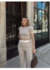 Crop pantolon biyeli takım bej