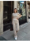 Crop pantolon biyeli takım bej