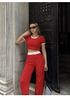 Crop pantolon biyeli takım kırmızı