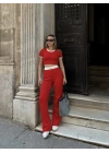Crop pantolon biyeli takım kırmızı