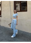 Crop pantolon biyeli takım mavi