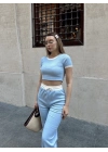 Crop pantolon biyeli takım mavi