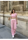 Crop pantolon biyeli takım pembe