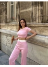 Crop pantolon biyeli takım pembe