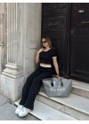 Crop pantolon biyeli takım siyah