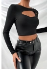 Kadın Siyah Göğüs Dekolteli Çapraz Askılı Uzun Kollu Crop Top Bluz