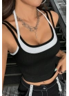 Kadın Beyaz Siyah Çift Renk Çapraz Askılı Crop Top Bluz