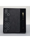 Desenli Siyah Deri Defter Kalem Set