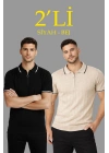 Erkek 2’li Paket Dokuma Triko  Fermuarlı Yakalı Fitilli Kısa Kollu Regular Fit Tişört - Bej  Siyah