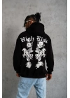 Erkek 3 İplik Pamuklu Kapüşonlu Baskılı Cepli Oversize Sweatshirt Hoodie - Siyah