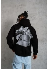 Erkek 3 İplik Pamuklu Kapüşonlu Baskılı Cepli Oversize Sweatshirt Hoodie - Siyah