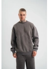 Erkek 3 İplik Pamuklu Yağ Yıkamalı Sweatshirt Double Oversize Bisiklet Yaka Uzun Kol - Füme