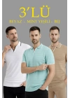 Erkek 3’lü Paket Triko Yakalı Düğmesiz Açık Yaka Fitilli Kısa Kollu Regular Fit Tişört - Bej, Beyaz, Mint Yeşili