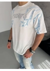 Erkek Bisiklet Yaka Tişört Yıldırım Şimşek Baskılı Kısa Kol T-Shirt - Beyaz